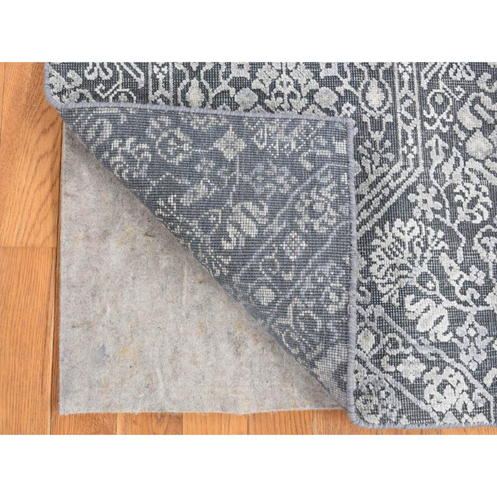 Charcoal Gray Silk Textured Wool Tone on Tone Design Hand Knotted Rug, 2'1"x2'1"
