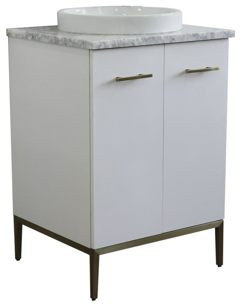 25" Single Sink Vanity, White Finish With White Carrara Marble And Round Sink
