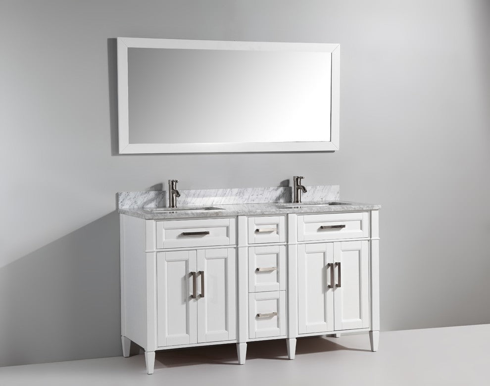 Vanity Set With Carrara Marble Top, 60", White, Led Touch-Switch Mirror