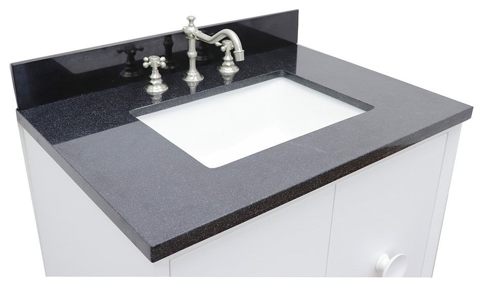 31" Single Wall Mount Vanity, White Finish With Black Galaxy Top