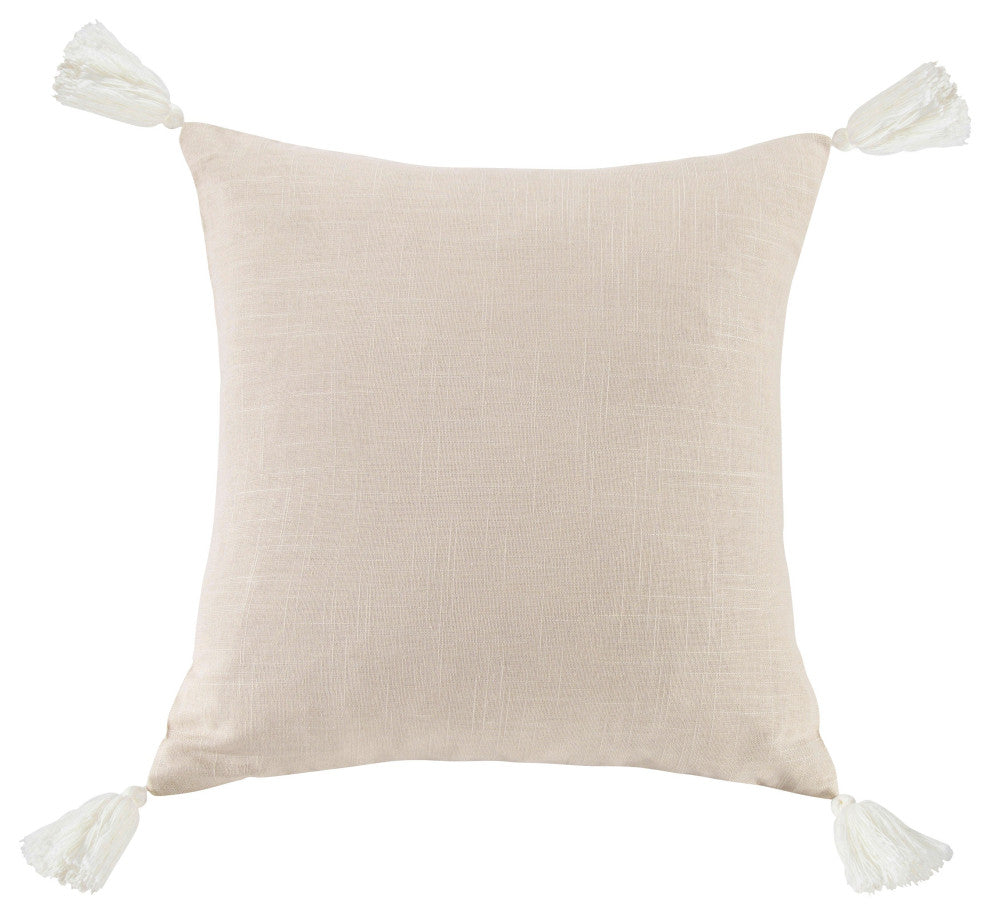 Luna Washed Linen Tasseled Square Pillow, 18"x18", Light Tan