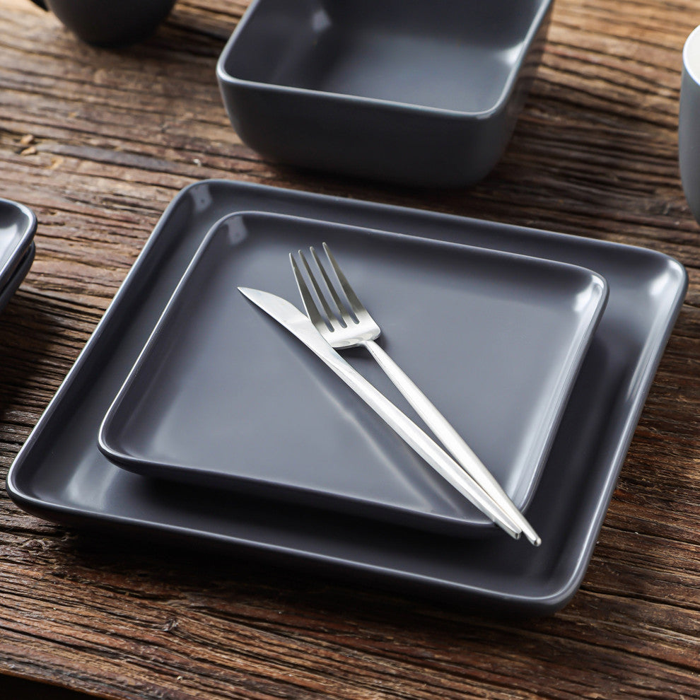 Stone Lain Amy Porcelain Plates and Bowls Sets, 24 Piece Dinnerware Set, Gray