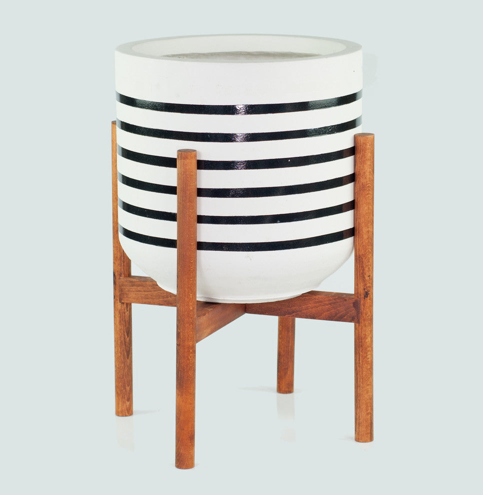 Extra Large Hand Painted Fiber Clay Pot 13'' With Plant Stand Set Walnut Color