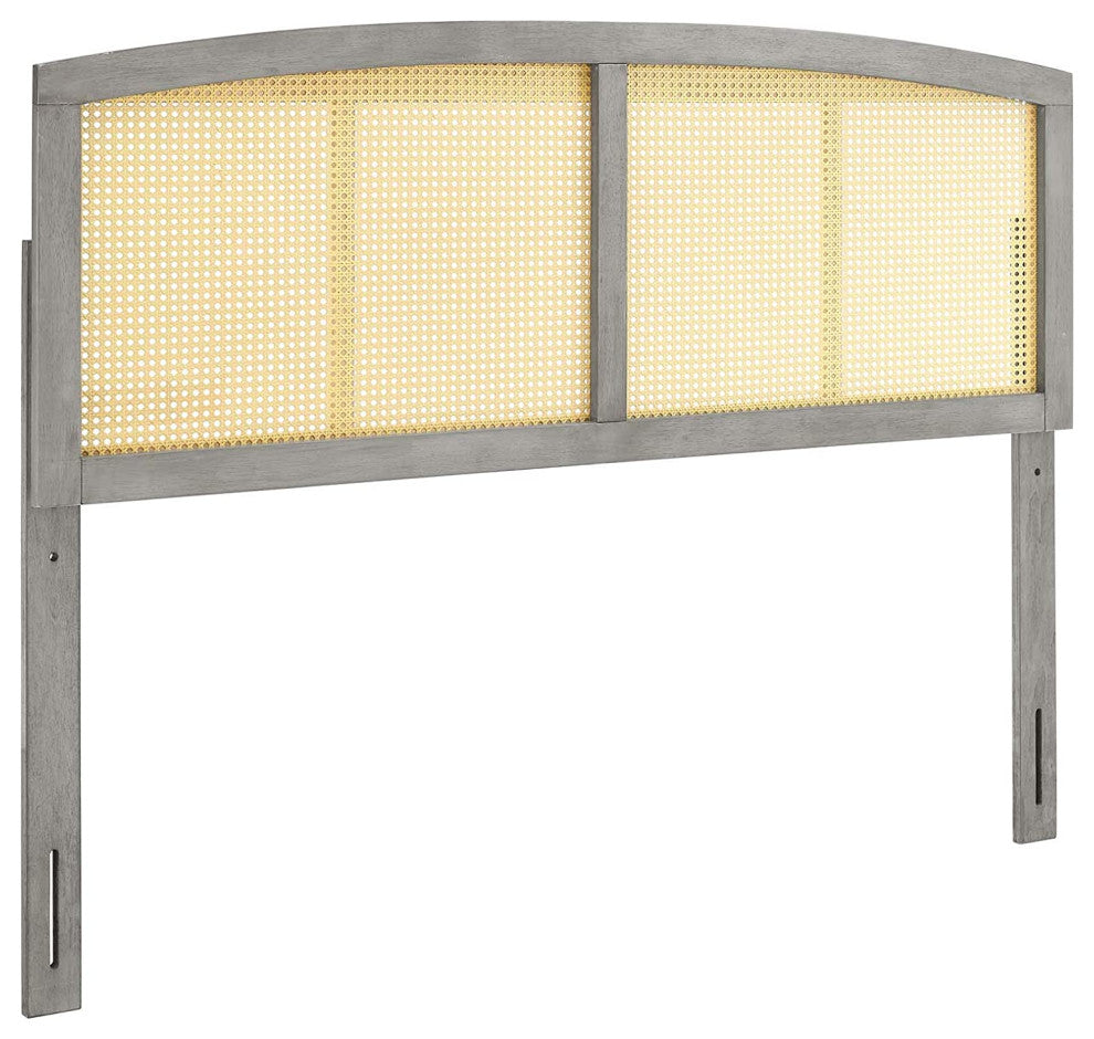 Mid Century Modern Headboard with Gray Rubberwood Frame and Cane Accent