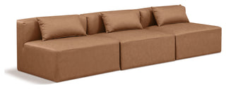 Cube Upholstered Modular Sofa, Brown, 3-Piece: 3 Armless Chair, Vegan Leather