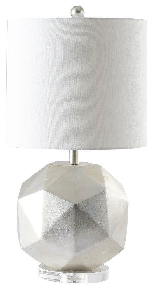 Silver Foiled Framed Table Lamp With White Linen Drum Shade