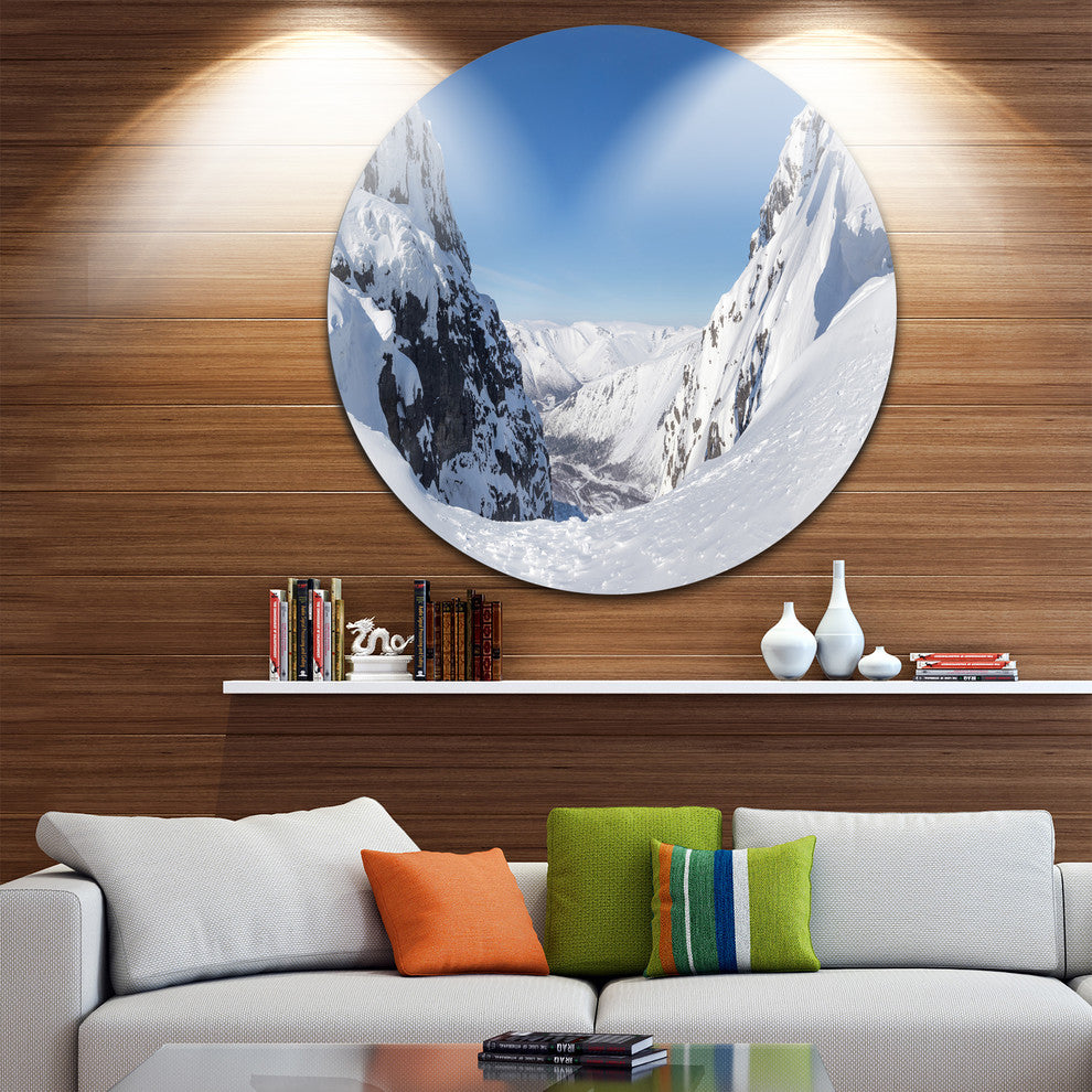 Pass In The Northern Winter Hills, Landscape Disc Metal Wall Art, 23"