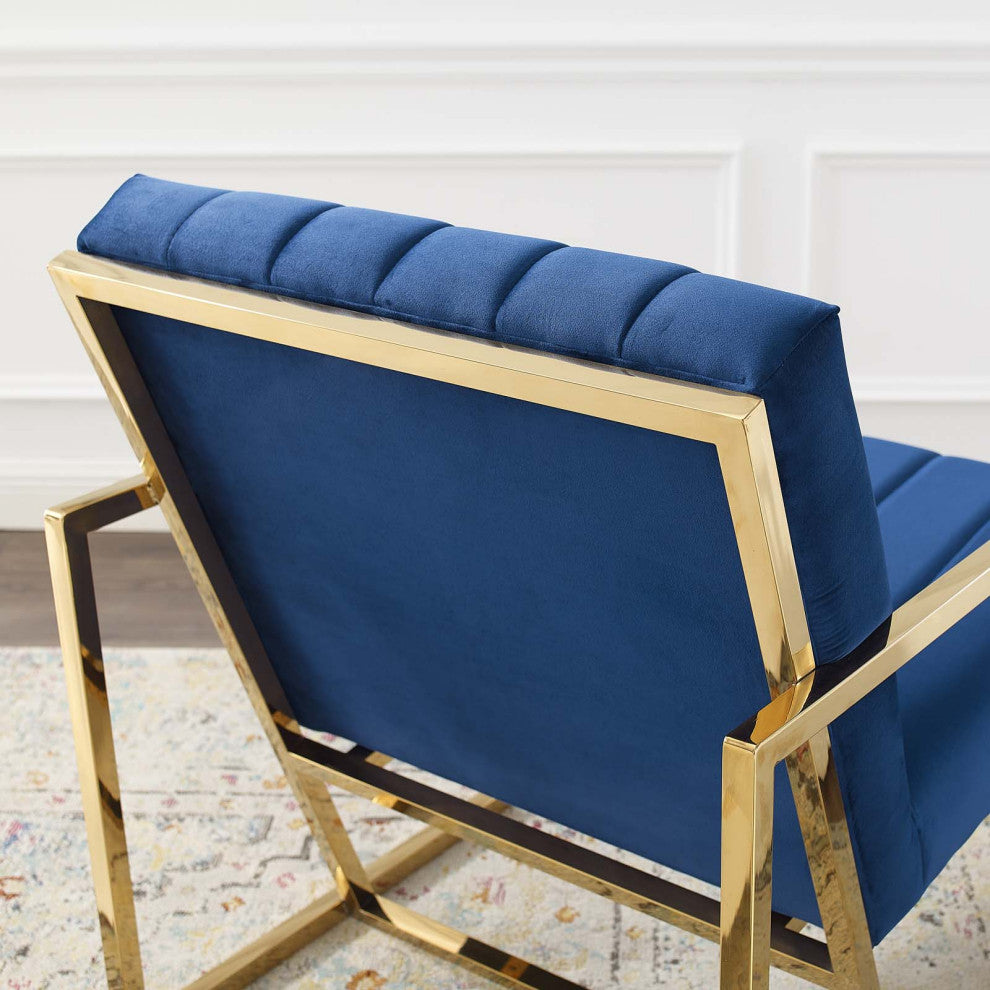 Tufted Armchair Accent Chair, Velvet, Blue Navy, Modern, Lounge Hospitality