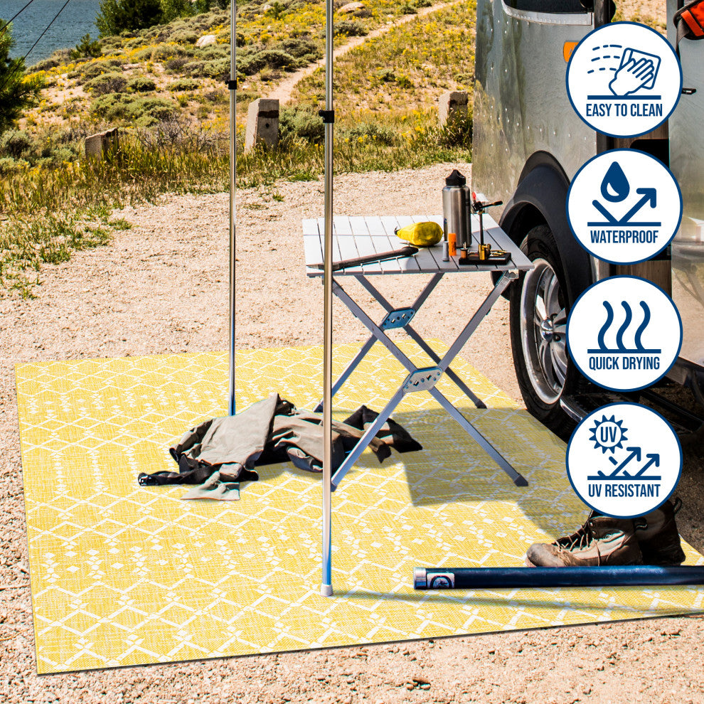 Ourika Moroccan Geometric Indoor/Outdoor Rug, Yellow/Cream, 5' Square