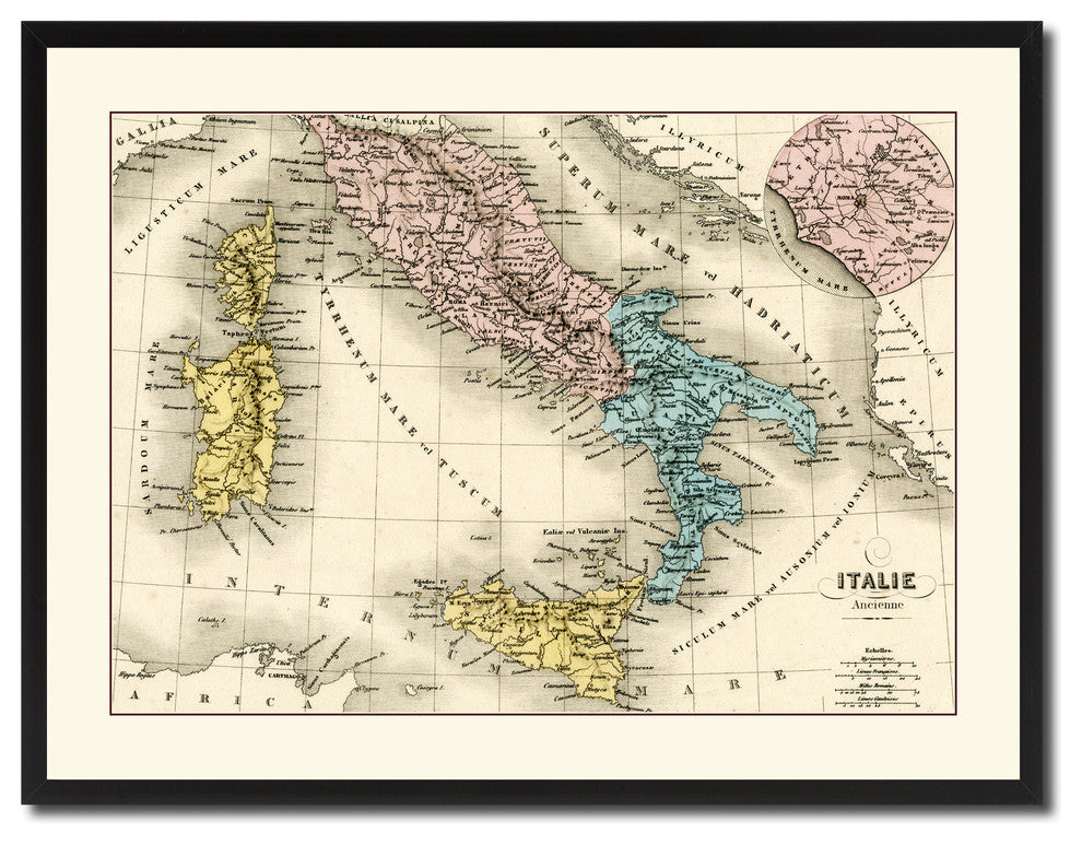 Italy, Rome Map Print On Canvas With Black Frame, 28" X 37"