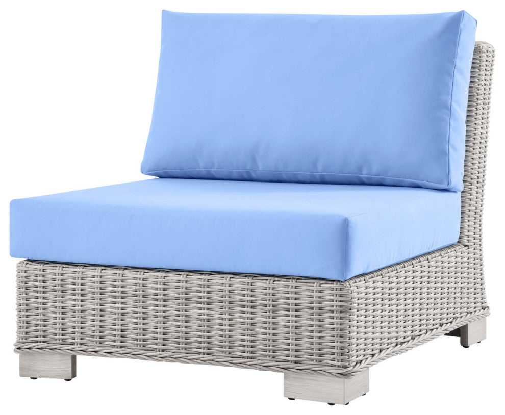 Lounge Sectional Sofa Chair Table Set, Rattan, Wicker, Gray Blue, Outdoor