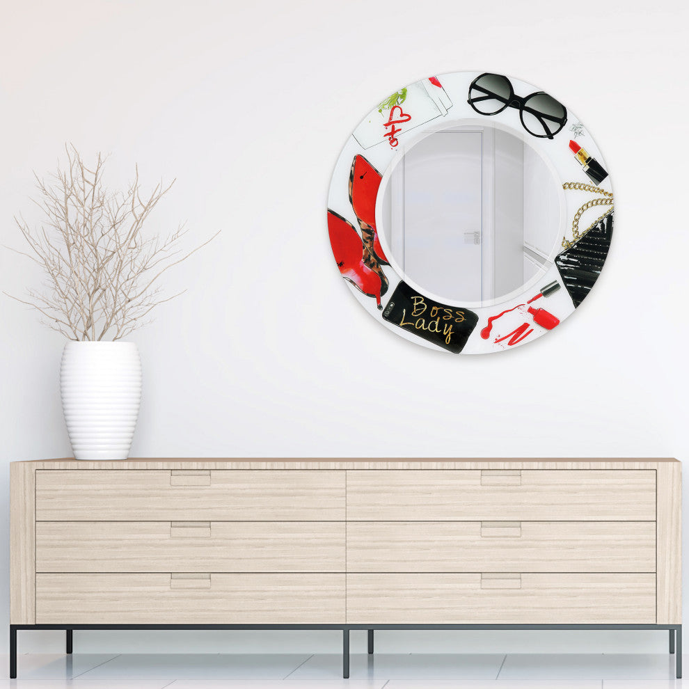 "Boss Lady" Round Beveled Wall Mirror on Floating Printed Tempered Art Glass