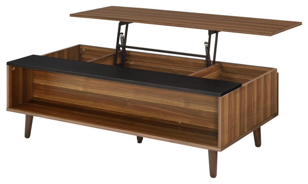 Walnut and Black Rectangular Lift-Top Wooden Coffee Table