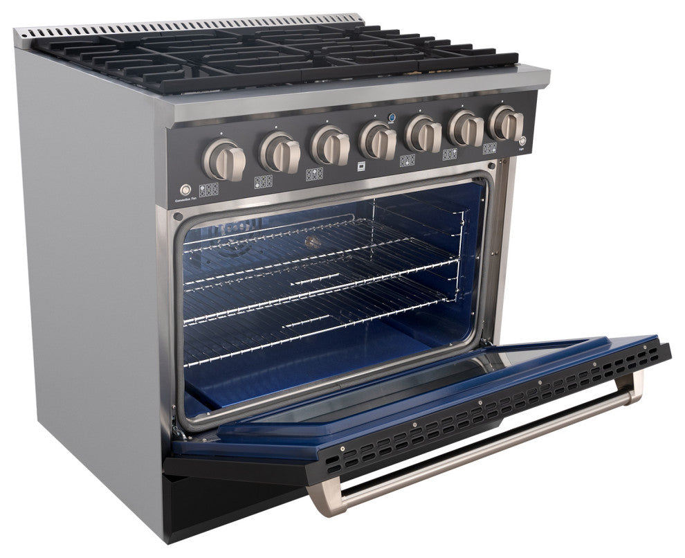 36" Slide-in Freestanding Gas Range & 5.2 Cu. Ft. Oven, 6 Burners. Matte Black, Matte Black & Stainless Steel