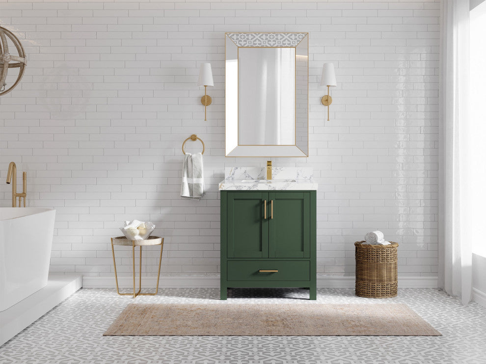 Malibu 30 Single Sink Bath Vanity in Lafayette Green 2" Calacatta Poanazzo