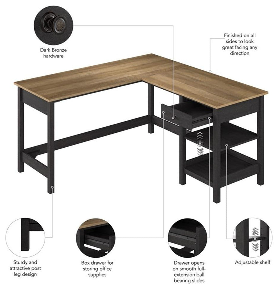 Pemberly Row 60W L Shaped Computer Desk in Vintage Black and Reclaimed Pine