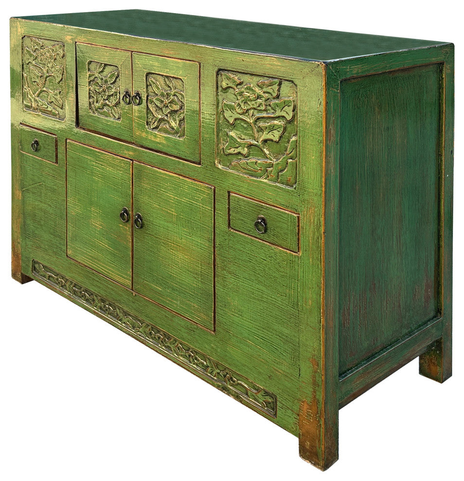 Oriental Distressed Lime Green Floral Carving Credenza Storage Cabinet