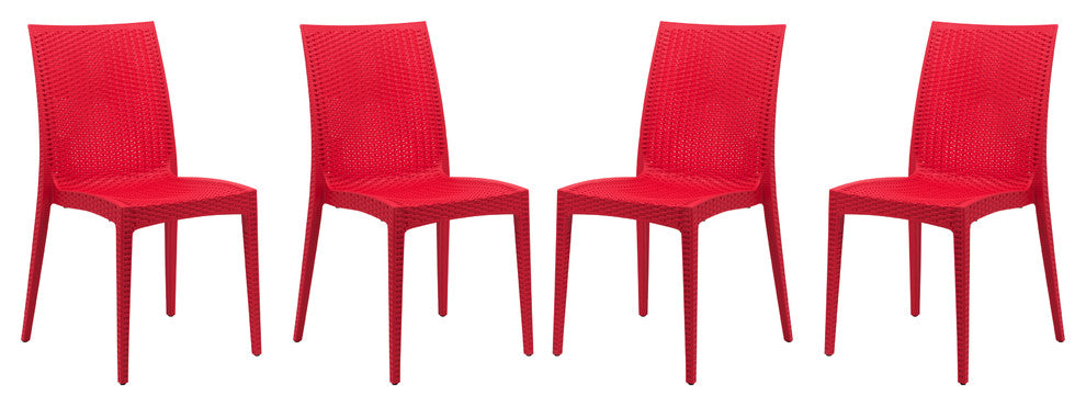 Leisuremod Weave Mace Indoor Outdoor Patio Chair, Set of 4, Red