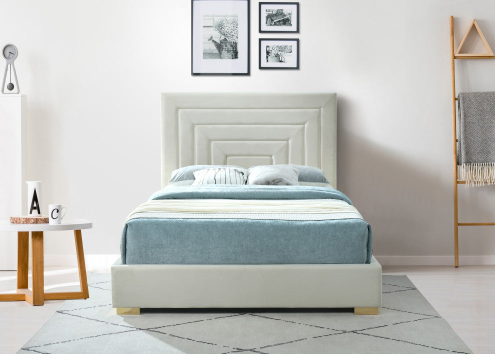 Nora Velvet Upholstered Bed, Cream, Full