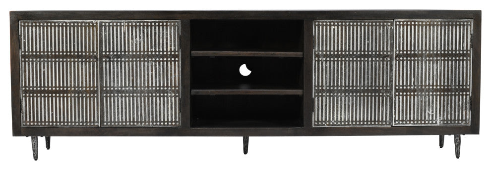 Sarah 4 Door Media Cabinet Mango Solid Wood Antique Brown Finish on Iron Base