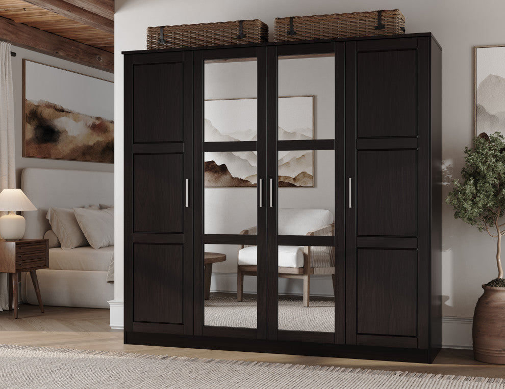 100% Solid Wood Cosmo 4-Door Wardrobe/Armoire/Closet, Java-Mirror