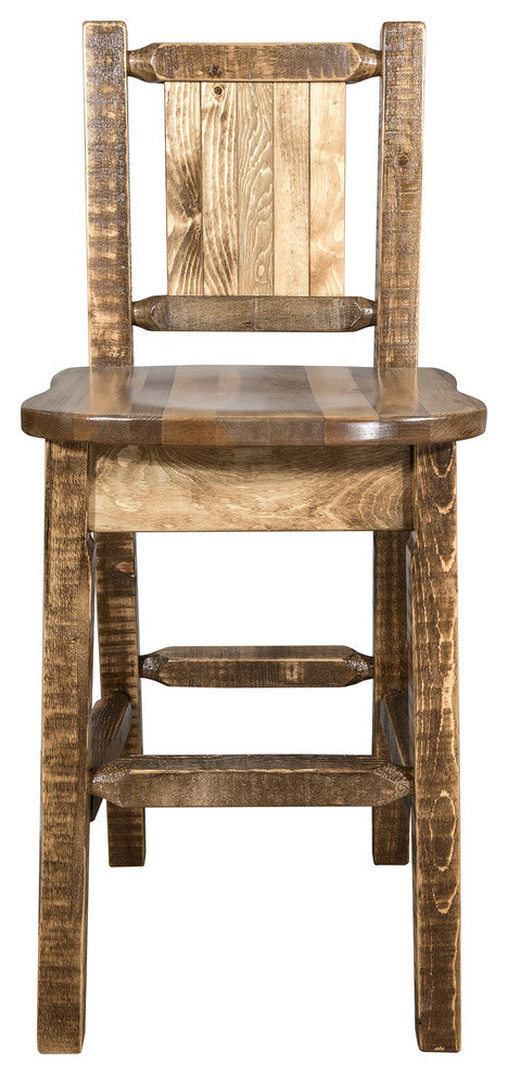 Homestead Barstool With Laser Engraved Pine Tree, Clear Lacquer Finish, Stained