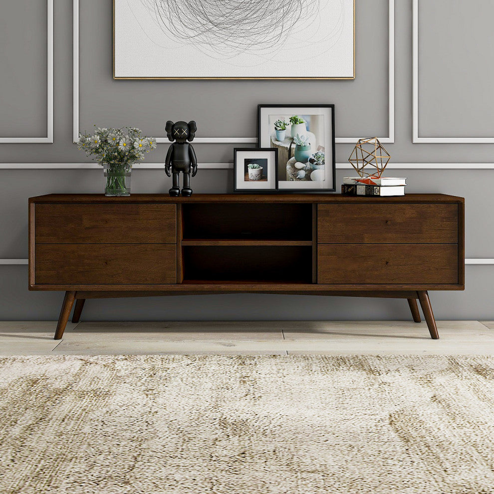 Noak Mid-Century Modern Solid Wood TV Stand With 6 Storage Cabinet, Walnut