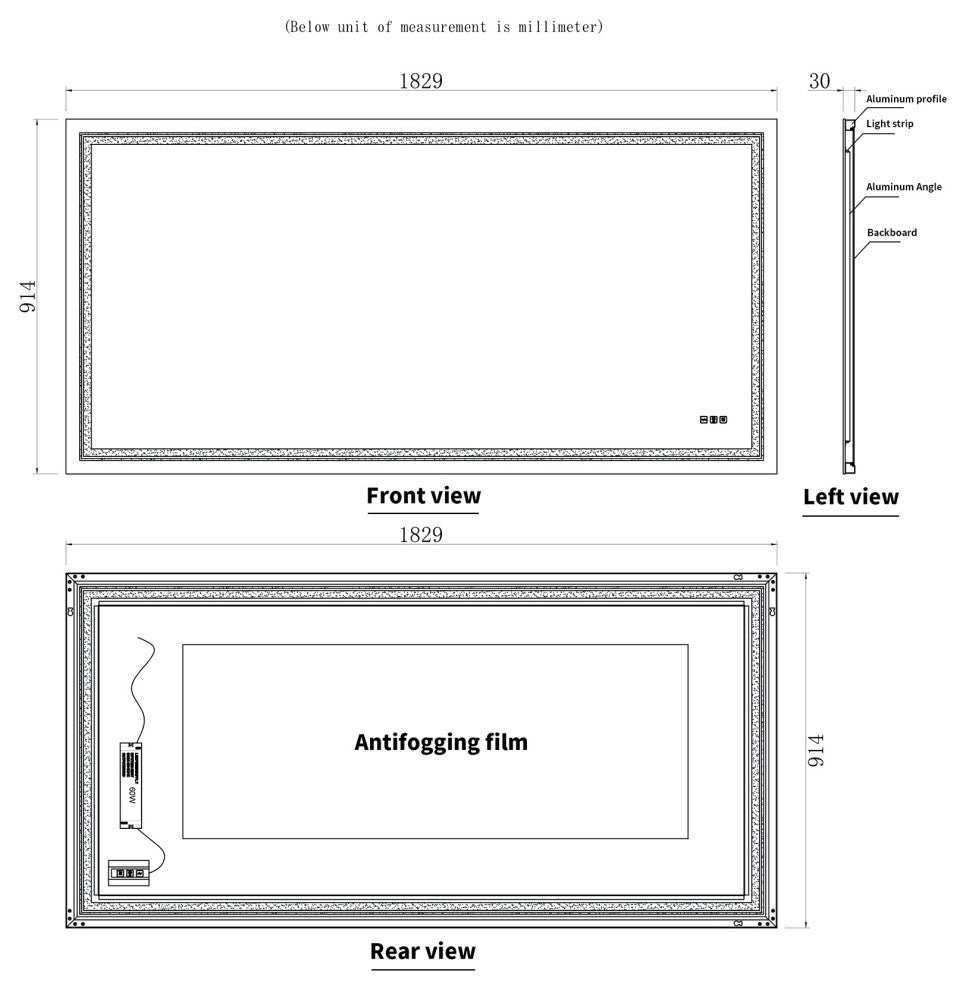 72" x 36" Rectangular Frameless LED Anti-Fog Wall-Mounted Bathroom Vanity Mirror