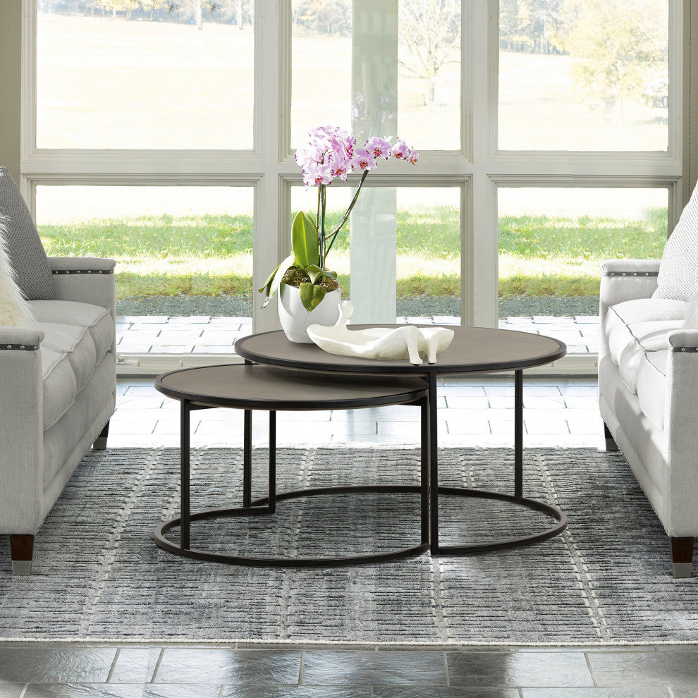 Rina Concrete and Black Metal 2-Piece Nesting Coffee Table Set