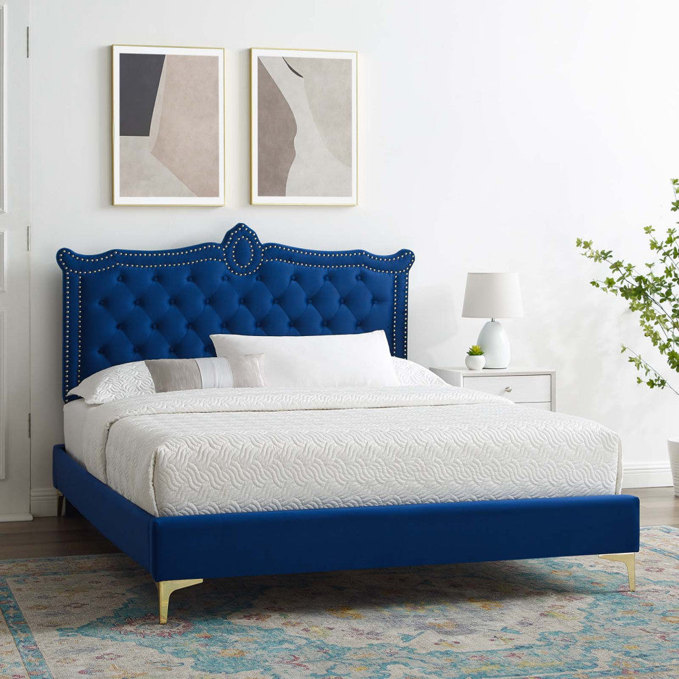 Platform Bed Frame, Nailhead, Queen Size, Blue Navy, Velvet, Modern