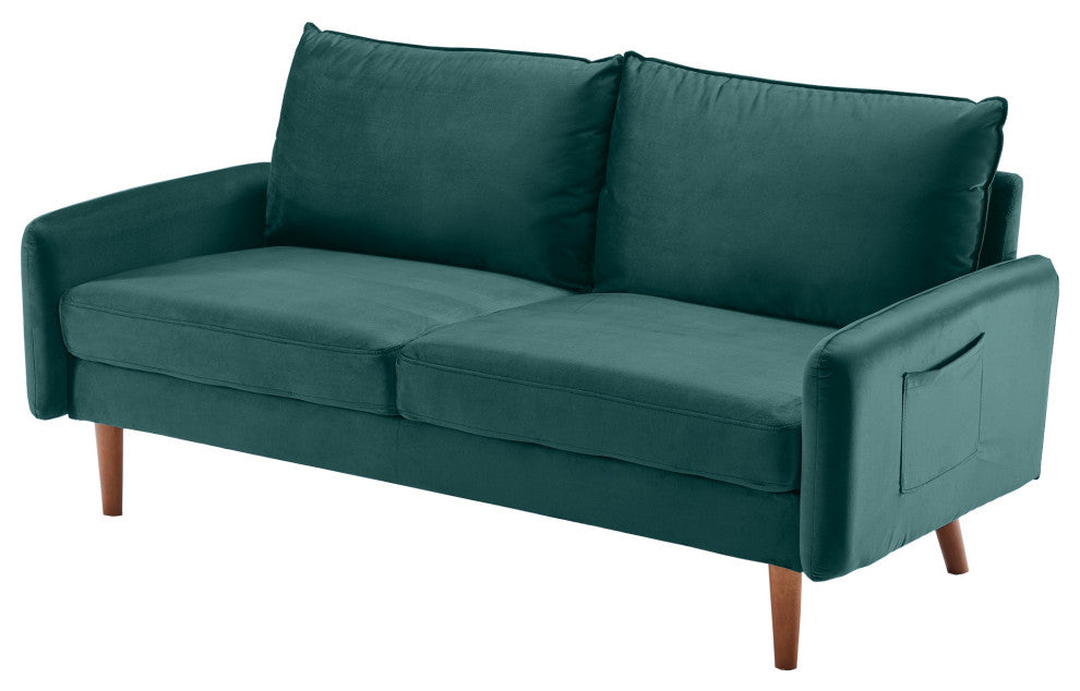Teal Contemporary Velvet Sofa With Side Pockets