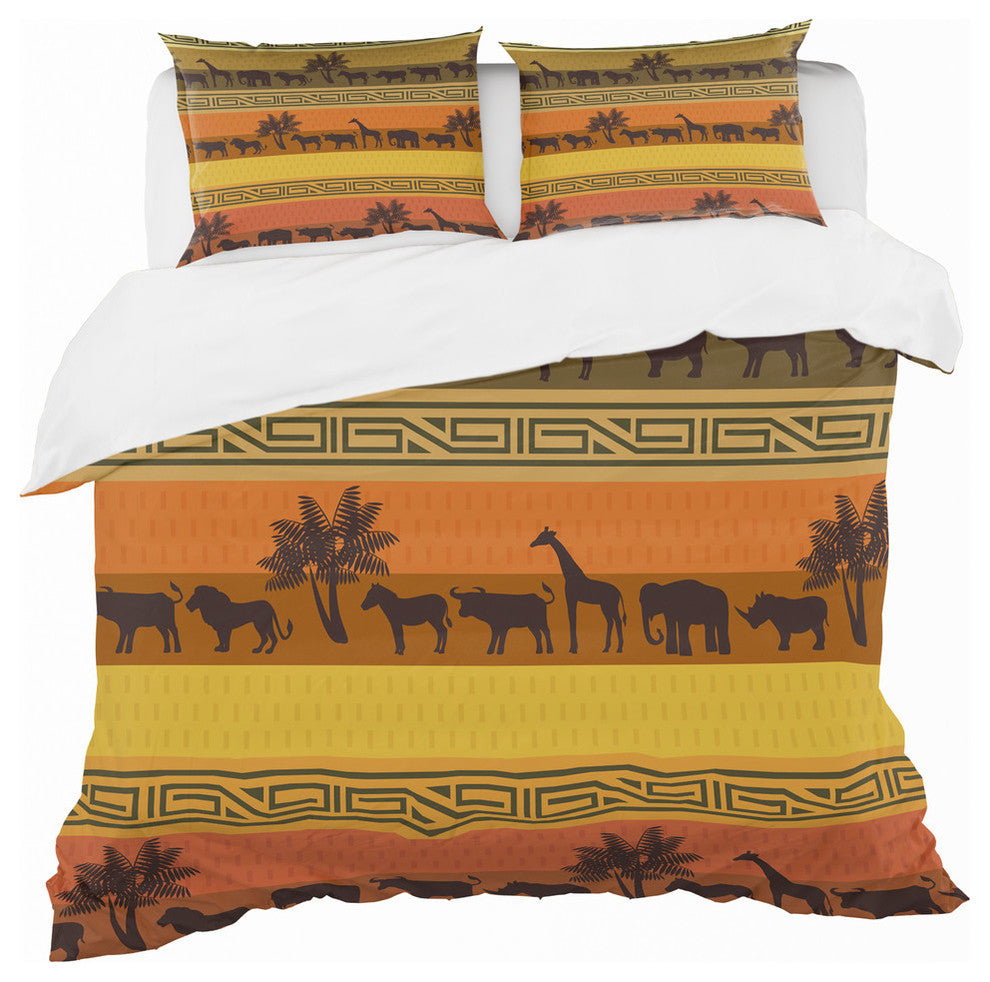 African Wildlife With Pattern Tropical Duvet Cover Set, Twin