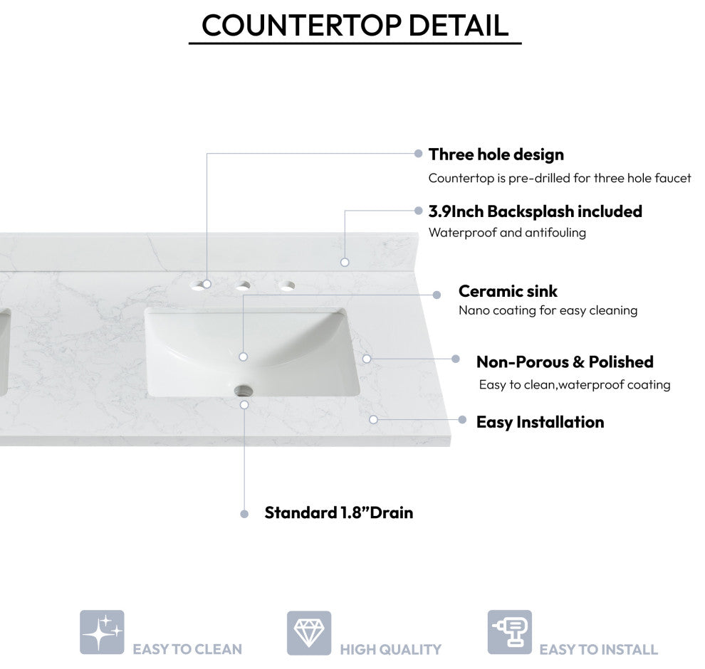 Jaen Composite Stone Vanity Top With Ceramic Sink, Grain White, 61"