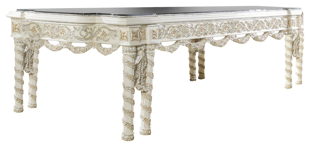 Benzara BM266457 Dining Table With Gold Trim Accent, Antique White