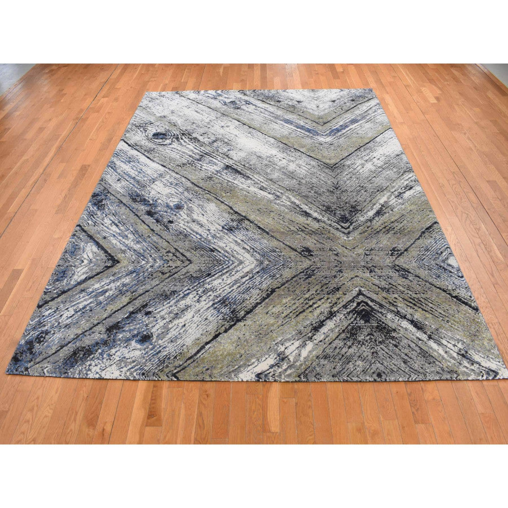 Gray, THE WOOD GRAIN Design, Silk With Wool, Hand Knotted Rug, 9'x12'1"