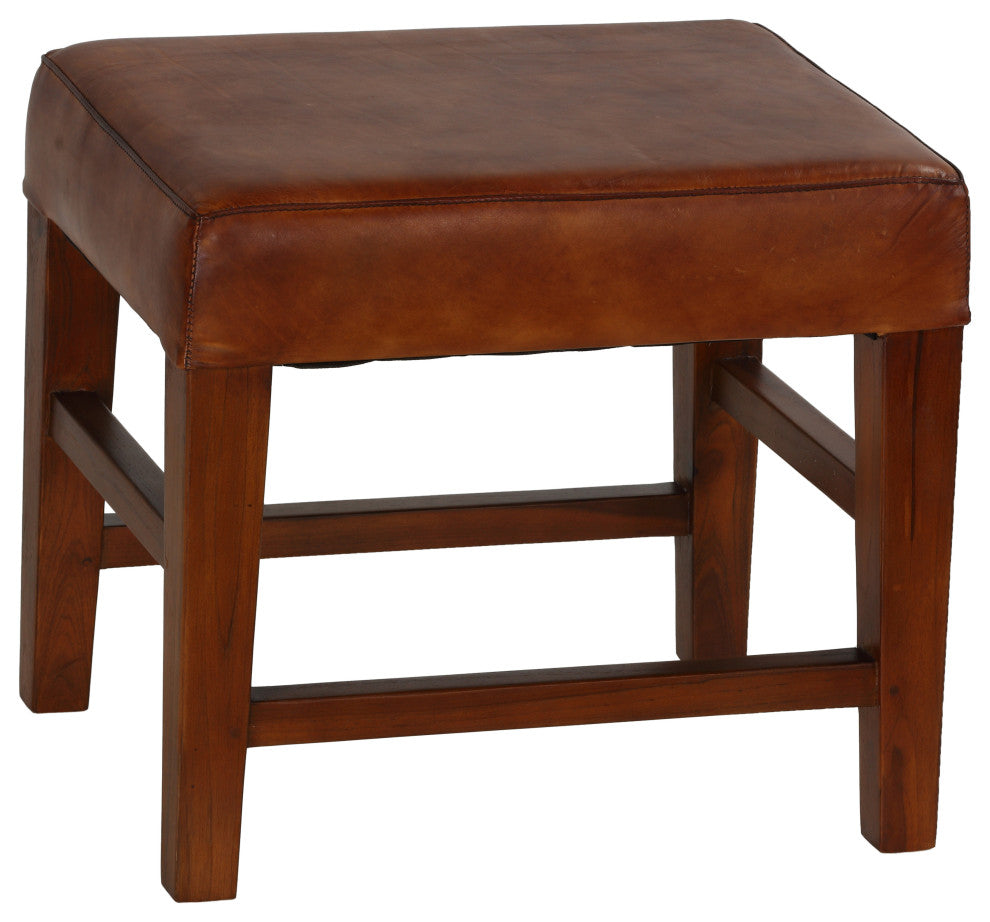 Alvin Genuine Leather Ottoman With Solid Teak Wood Legs, Brown