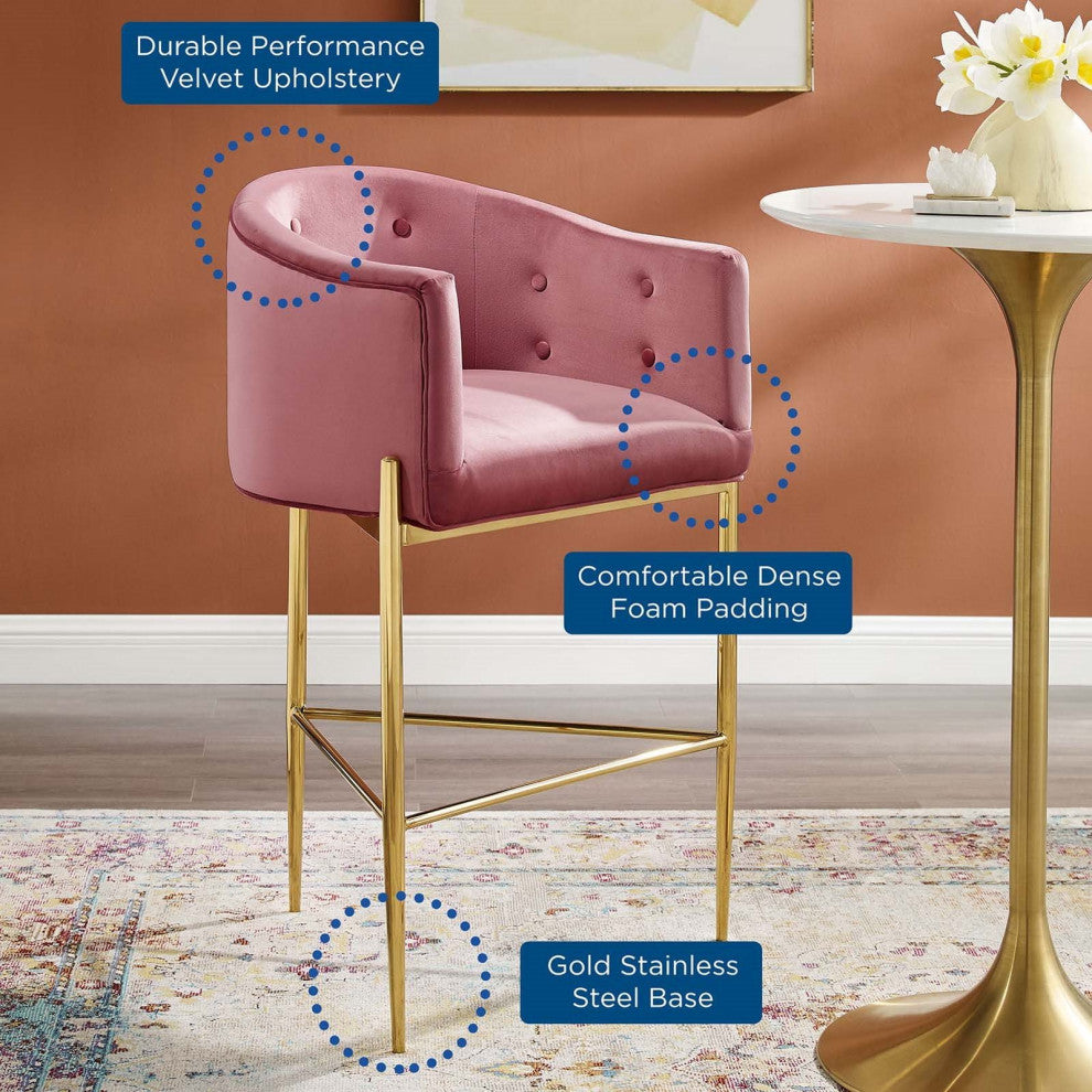 Tufted Bar Stool Chair Barstool, Set of 2, Velvet, Metal, Pink, Modern, Bar Pub