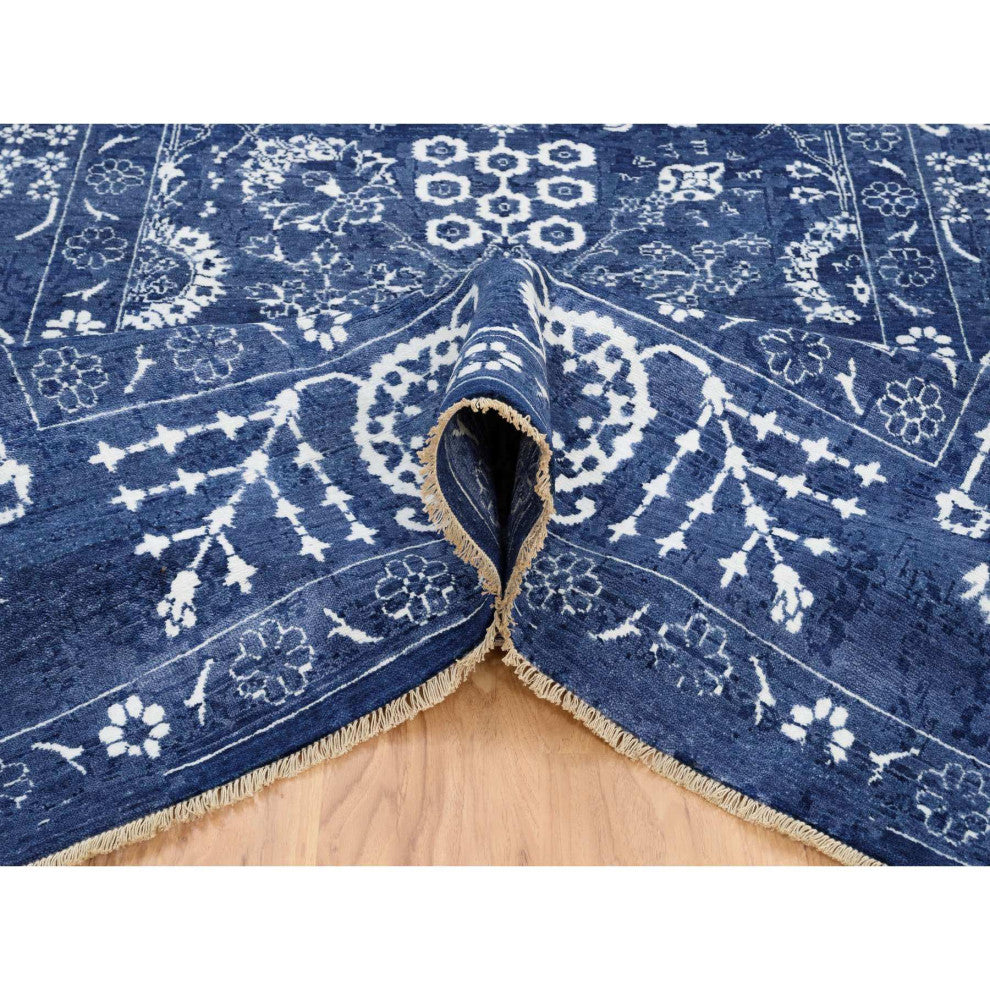 Tone On Tone Tabriz Hand Knotted Wool and Silk Blue Oriental Rug, 6'0" x 8'10"