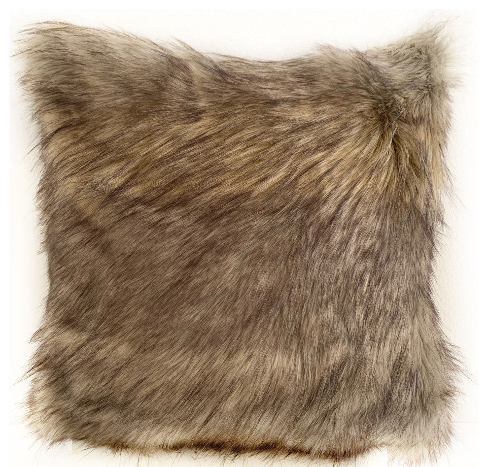 Plutus Gray Wolverine Pelage Animal Faux Fur Luxury Throw Pillow, 24"x24"