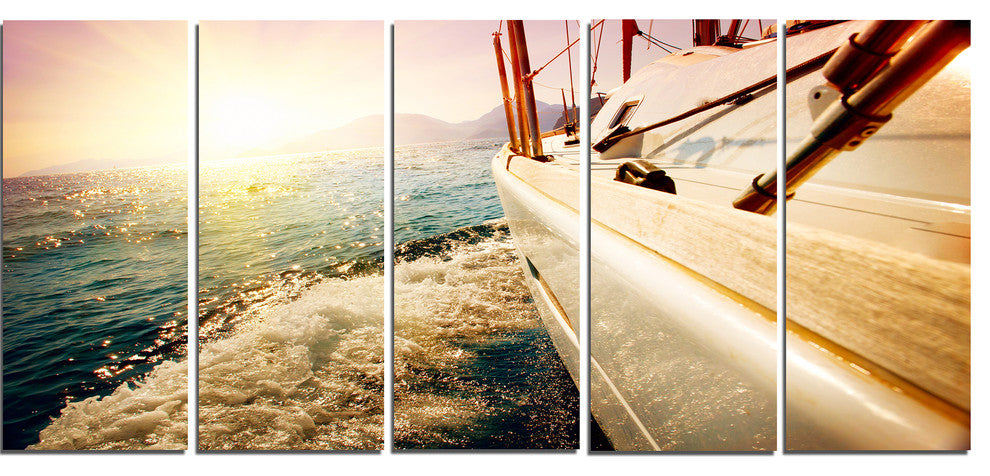 "Huge Yacht Sailing Against Sunset" Sea Pier Wall Art, 5 Panels, 60"x28"