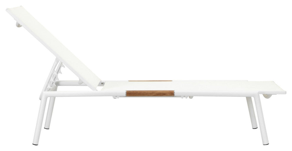 Benzara BM287797 Chaise Lounger, White Aluminum Frames, Teak Accent, 2-Piece Set