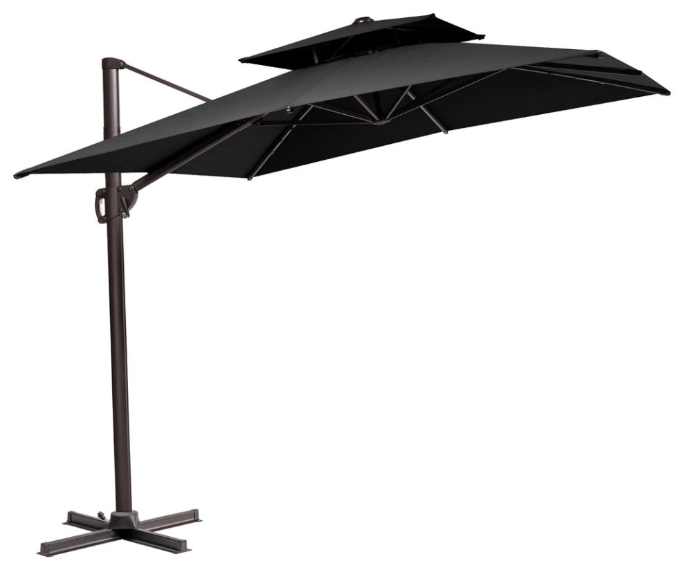 11' Black Polyester Round Tilt Cantilever Patio Umbrella With Stand