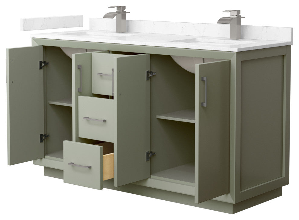 Strada 60" Light Green Double Vanity, Cultured Top, Nickel Trim