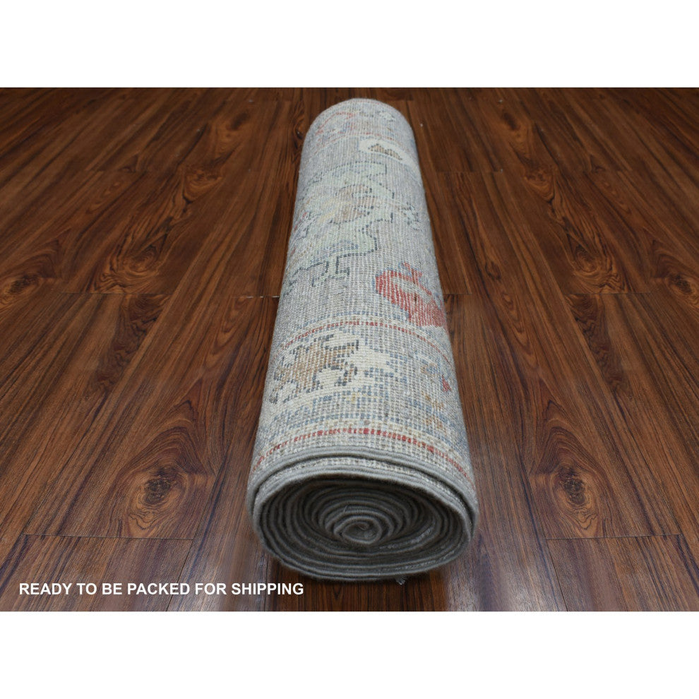 Gray Afghan Angora Oushak with Touches of Red Hand Knotted Wool Rug, 2'10"x17'0"