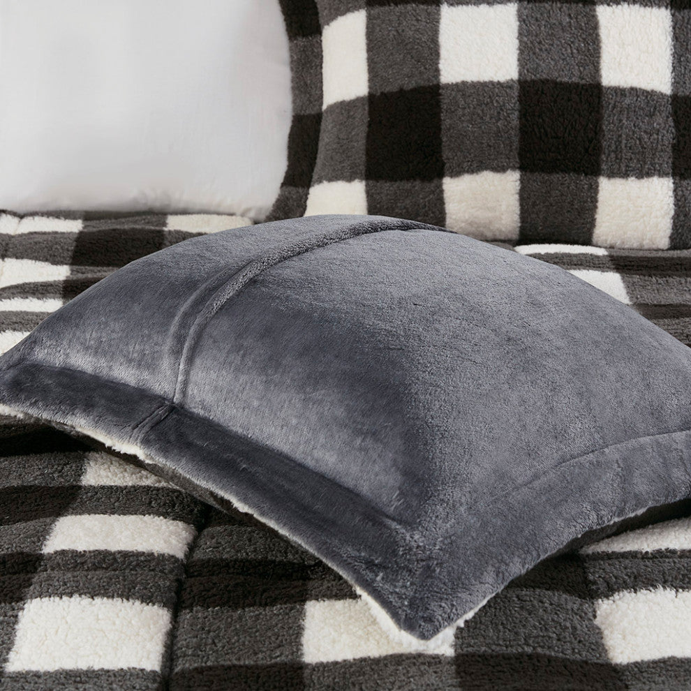 Sleep Philosophy Brooks Sherpa Black and White Buffalo Check Comforter Set