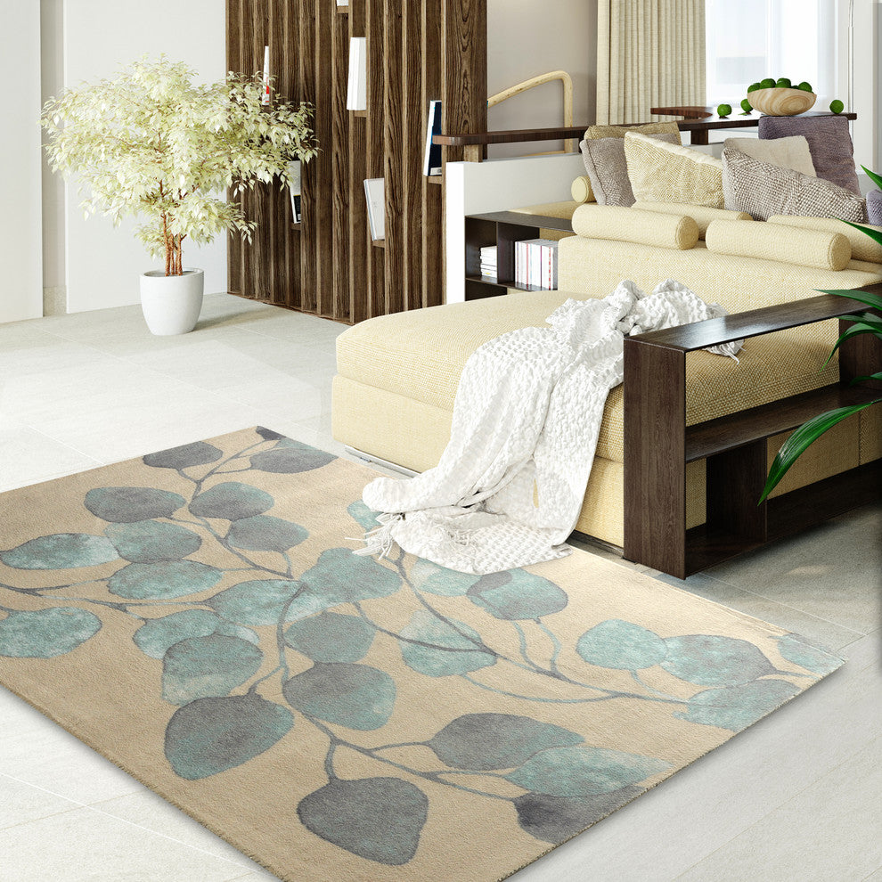 Turquoise Ficus Modern Floral Area Rug, 7'6"x9'6"