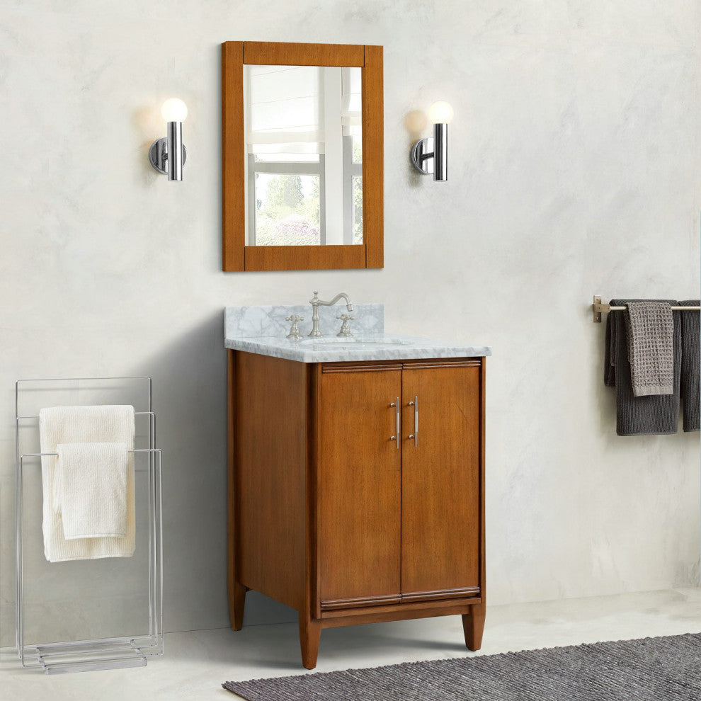 25" Single Sink Vanity, Walnut Finish, White Carrara Marble and Oval Sink