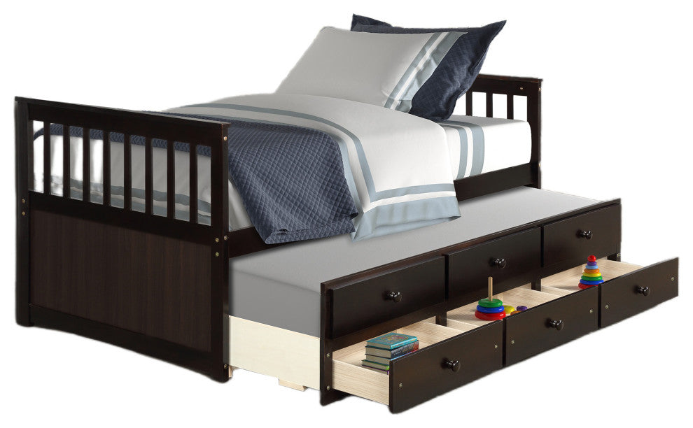 Captain's Bed Twin Daybed with Trundle and Storage Drawers, Espresso