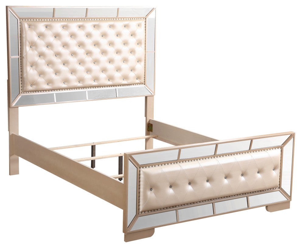 Galera Tufted and Mirrored Bed, Pearl, Full