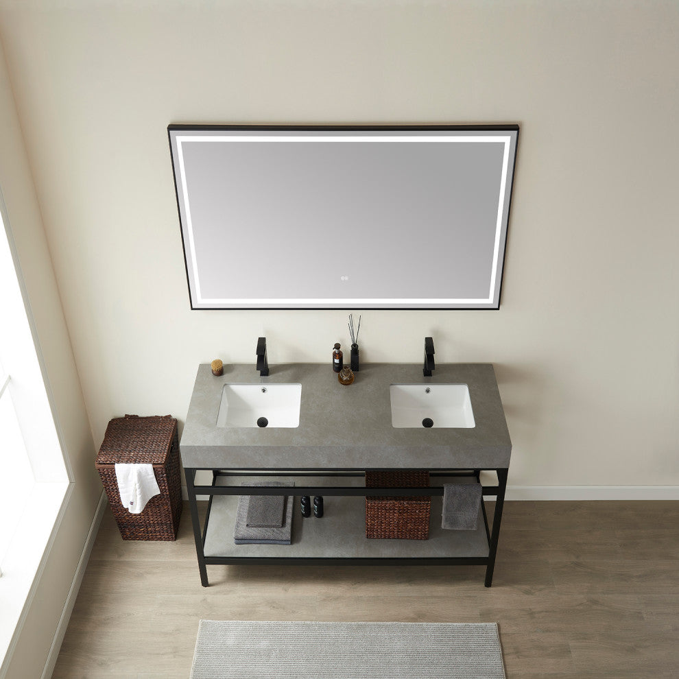 Funes Bath Vanity with Mirror, Matte Black Support, 72" Double Sink, Grey Stone Top